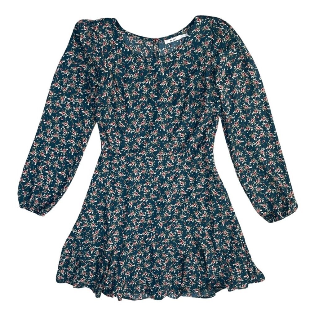 New Mi Ami Mini Dress Teal Floral Long Sleeve Green Pink Size XS Extra Small